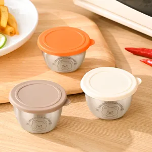 Stainless steel dipping sauce cups with silicone lids cute bear design kitchen food storage bowls