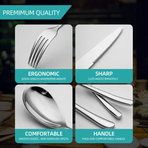 Close-up detail shot of stainless steel cutlery set showcasing sharp knife edge and ergonomic handle.