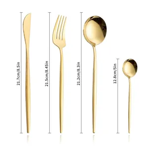 Gold stainless steel cutlery set 4-piece tableware knife fork spoon with size dimensions.