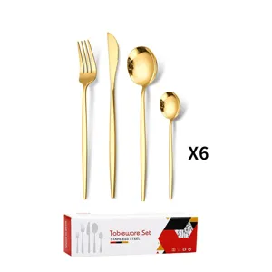 Gold stainless steel flatware set with knife, fork, spoon, elegant kitchen tableware 6pcs