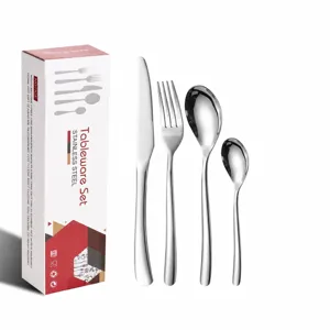 Stainless steel cutlery set detail view showing knife, fork and spoons with smooth handle.