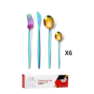 Rainbow stainless steel flatware set detail view showcasing cutlery and package box.