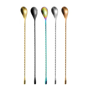Set de cuillères de bar en acier inoxydable, longue cuillère à mélange cocktail.