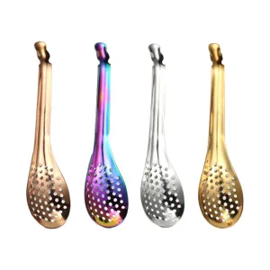 Set of 4 stainless steel caviar slotted spoons, molecular gastronomy kitchen tools.