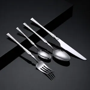 Ensemble couverts de table en acier inoxydable relief pierre, set 4 pièces couteau fourchette.