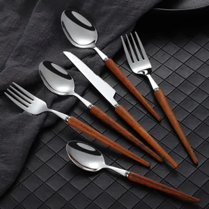 Edelstahl Besteckset mit Holzgriff, 304 Küchenbesteck für Steak, Restaurant und den Alltag.