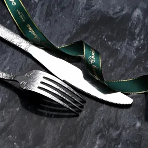Stainless steel cutlery set with embossed totem pattern western steak knife and fork kitchen