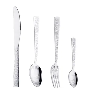 Stainless steel cutlery set with vintage embossed pattern knife fork spoon 4-piece table set.