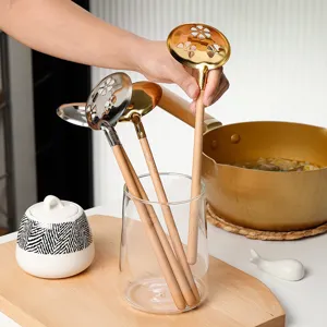 Japanese Style Stainless Steel Soup Spoon Slotted Spoon Wooden Handle Golden Silver Hot Pot Utensils