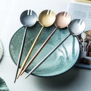 Stainless steel salad serving spoon set long handle western cutlery fork kitchen tableware