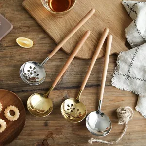 Japanese style wooden handle stainless steel soup spoon and slotted hot pot ladle set.