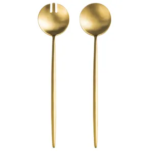 Gold stainless steel salad servers set, modern serving spoon and fork for kitchen dining.