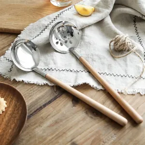 Japanese style wooden handle stainless steel soup spoon and colander set for home kitchen use.