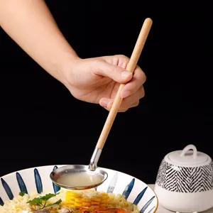 Japanese style wooden handle stainless steel soup spoon for home kitchen hot pot cooking ladle