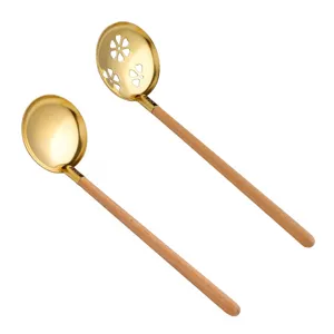 Japanese style wooden handle stainless steel soup spoon and hot pot colander kitchen spoon set