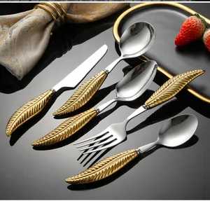 Stainless steel flatware set with luxury gold feather handle tableware kitchen dining tools