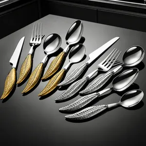 Stainless steel flatware set with luxury feather handle design, 5pcs western cutlery table ware.