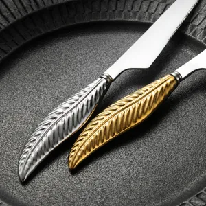 Stainless steel dinner knife with 3D feather handle, luxury gold and silver cutlery set.