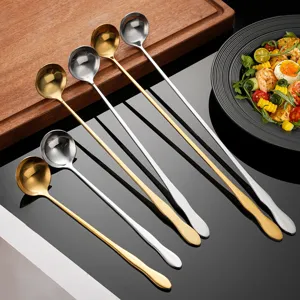 Stainless steel long handle mixing spoons, gold and silver coffee spoons for kitchen dining.
