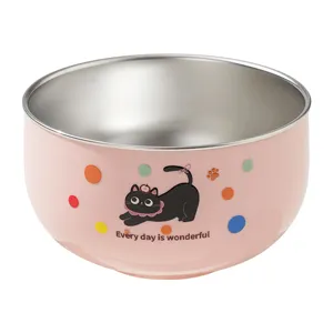 Leuke roestvrijstalen kinderschaal met roze buitenkant en kattenprint voor dagelijks babyvoeding.
