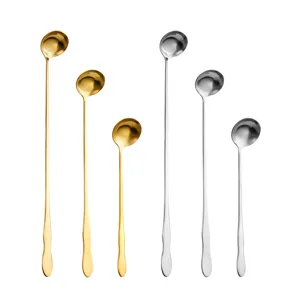 Stainless steel long handle mixing spoons, creative gourd shape for coffee and ice drinks.