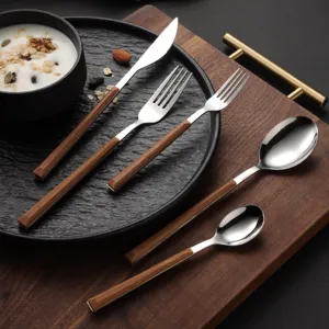 Stainless steel flatware set with wood grain handle steak knife fork spoon tableware