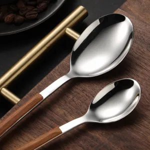 Stainless steel spoon with wood grain handle for western dining, elegant dessert spoon.