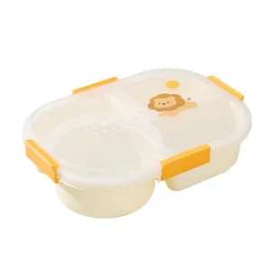 Cute plastic compartmentalized lunch box for students and office workers, microwave safe.