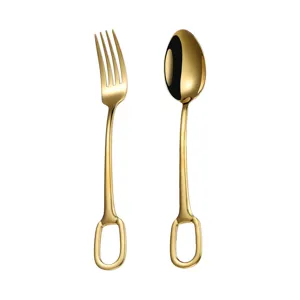 Gold stainless steel fork and spoon set with creative stirrup handle western tableware.