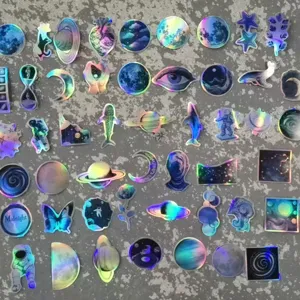 50 pzas pegatinas holográficas espacio azul impermeables de vinilo para móvil maleta