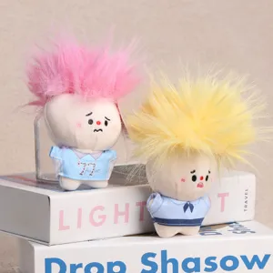 Cute fluffy exploding hair plush doll pendant, soft stuffed toy keychain bag charm accessory.