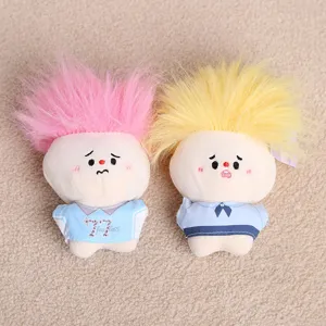 Cute fluffy punk doll plush pendant with colorful spiky hair and mini shirt, detail view