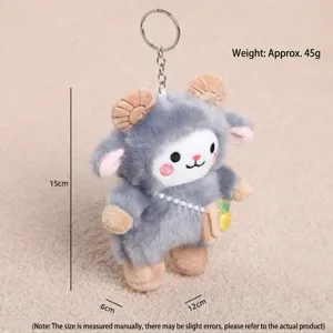 Cute ram plush keychain with cross-body bag and pearl chain, detailed view of sheep toy.