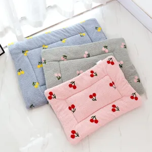 Soft cloud fleece pet mat with cute cherry embroidery, cozy square dog and cat bed cushion.