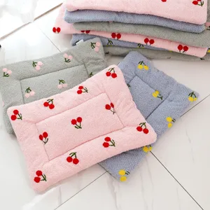 Fluffy fleece pet mat with cute cherry embroidery, soft square dog and cat bed pad.