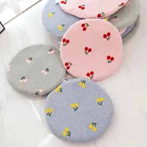 Round plush pet cushion soft cat dog bed mat with cute cherry embroidery design cozy warm