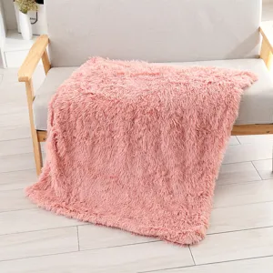 Cozy pink shaggy plush pet blanket and warm mat detail shot, soft and comfortable.