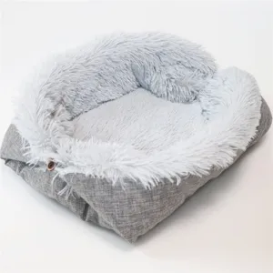 Cozy grey long plush pet bed cat dog dual-use mat soft warm winter sleeping cushion detail view