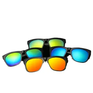 Fashion colorful reflective sunglasses for men and women, classic black frame trendy eyewear.