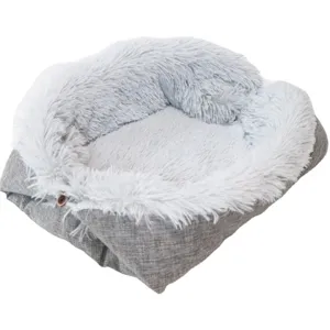 Plush fluffy pet bed for cats and dogs, soft warm winter sleeping mat grey and white.