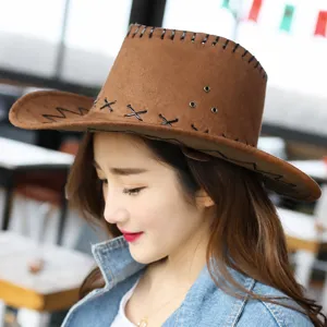 Unisex Western Cowboy Hat Vintage Faux Suede Wide Brim Hat With Stitching Adult Men Women Outdoor Sun Hat
