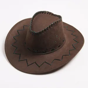 Classic brown western cowboy hat for men and women, vintage suede style with black stitching.