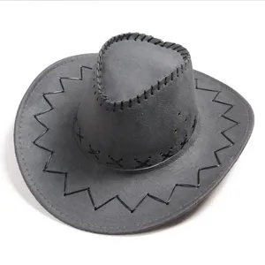 Unisex western cowboy hat for men and women, classic grey suede style with black stitching.