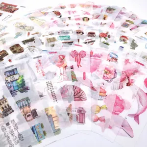 Detalle de la vista del set de pegatinas PET transparentes rosa acuarela, cuaderno.