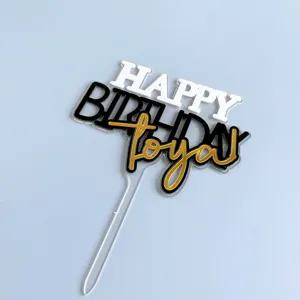Decorateur de gateau d'anniversaire acrylique noir blanc or fete dessert topper