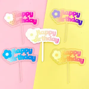 Acrylic Happy Birthday Cake Topper Colorful Flower Dessert Party Decoration 5pcs set