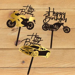 Moto et voiture de sport Happy Birthday topper de gateau noir or decoration de fete
