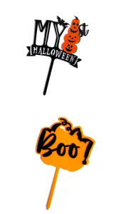 Λεπτομέρεια topper τούρτας Halloween από ακρυλικό με κολοκύθα νυχτερίδα και boo για πάρτι.