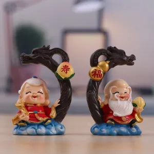 Miniature resin Fu and Shou blessing deities figurines for car desktop decor and gifts.