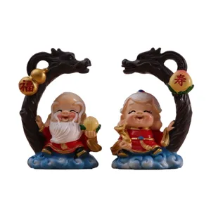 Cute Chinese Fu Shou longevity figurine set, resin mini desktop car and cake decor ornament.